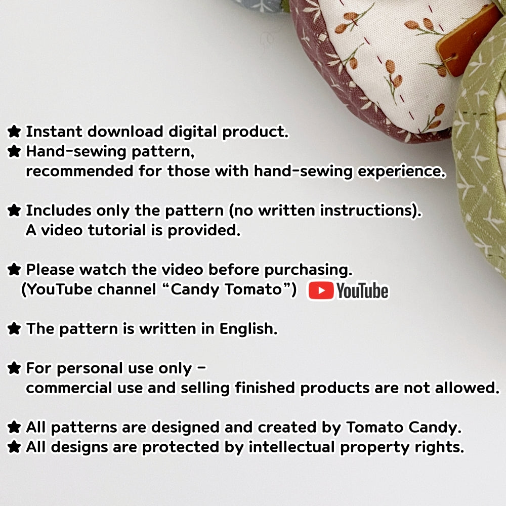 No.275 Round Quilted Coin Pouch with Key Clip, PDF Pattern Only, Hand Sewing, No Written Instructions, YouTube Tutorial