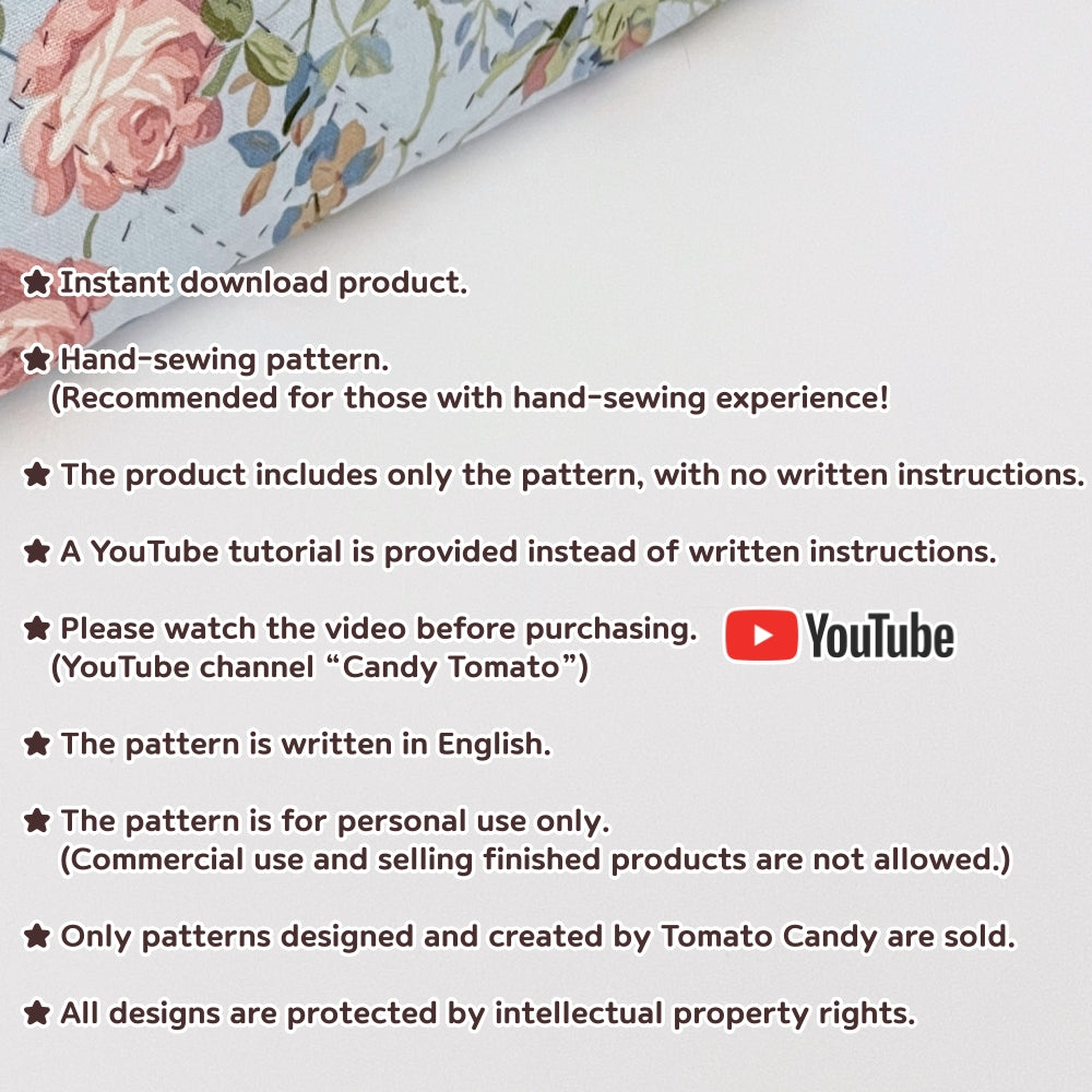 No.265 Simple Pouch Sewing Pattern – Rose Decoration, Cosmetic Bag, Pencil Case, Hand Sewing, No Written Instructions, YouTube Tutorial, PDF