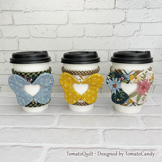 No.263 Cup Sleeve with Heart and Butterfly pattern, Hand Sewing Pattern Only, Video Tutorial, No Written Instructions, Instant Download.