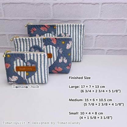 No.285 Two-Fabric Heart Zipper Pouch, PDF Pattern Only, Hand Sewing, No Written Instructions, YouTube Tutorial