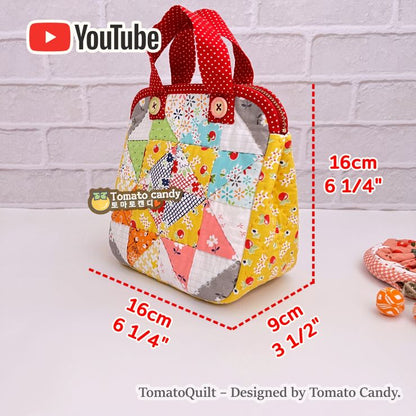 No.135 Triangle patchwork square pouch, Hand Sewing Pattern Only, YouTube Tutorial, No Written Instructions, Instant Download PDF.