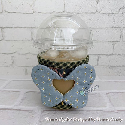 No.263 Cup Sleeve with Heart and Butterfly pattern, Hand Sewing Pattern Only, Video Tutorial, No Written Instructions, Instant Download.