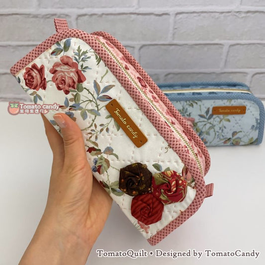 No.265 Simple Pouch Sewing Pattern – Rose Decoration, Cosmetic Bag, Pencil Case, Hand Sewing, No Written Instructions, YouTube Tutorial, PDF