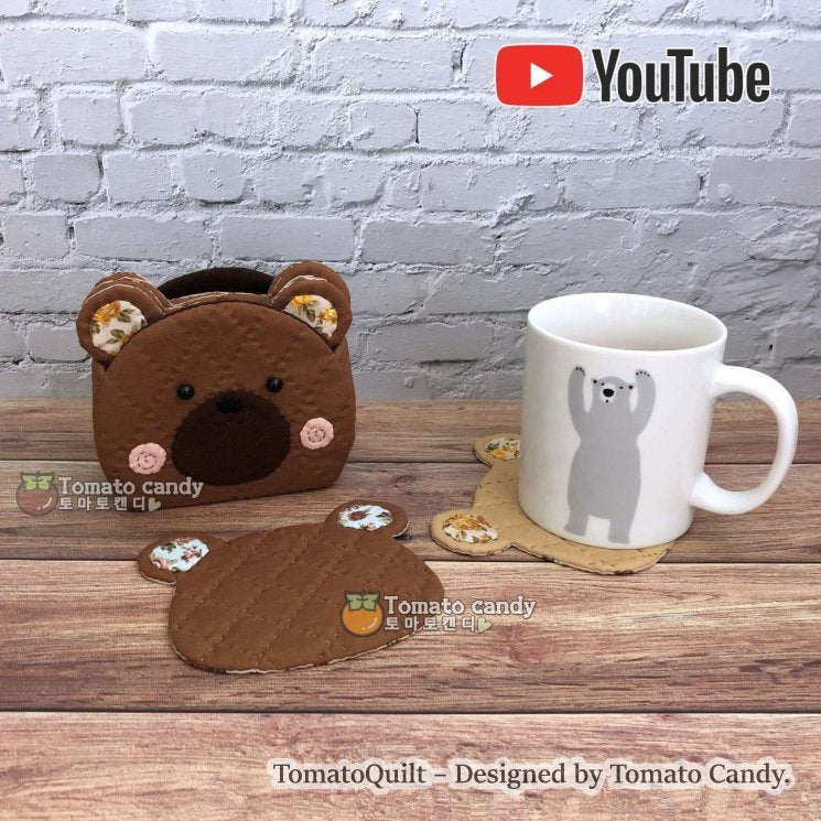 No.131 Cute bear shape Coaster & Holder, Hand Sewing Pattern Only, YouTube Tutorial, No Written Instructions, Instant Download PDF.