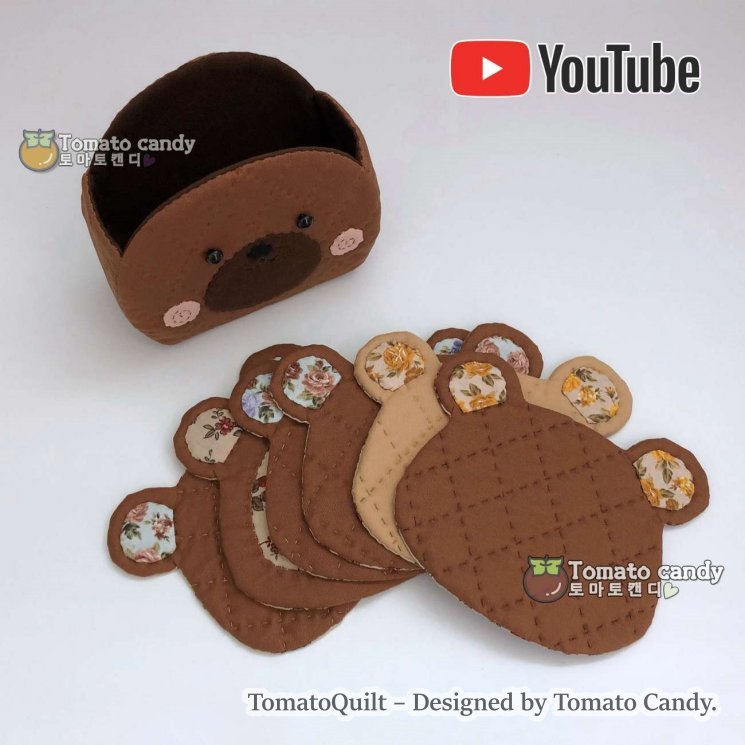 No.131 Cute bear shape Coaster & Holder, Hand Sewing Pattern Only, YouTube Tutorial, No Written Instructions, Instant Download PDF.