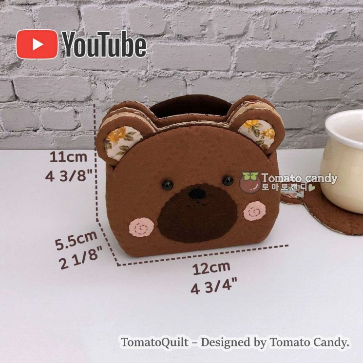 No.131 Cute bear shape Coaster & Holder, Hand Sewing Pattern Only, YouTube Tutorial, No Written Instructions, Instant Download PDF.