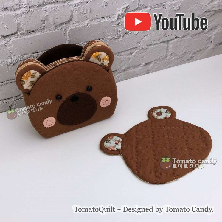 No.131 Cute bear shape Coaster & Holder, Hand Sewing Pattern Only, YouTube Tutorial, No Written Instructions, Instant Download PDF.