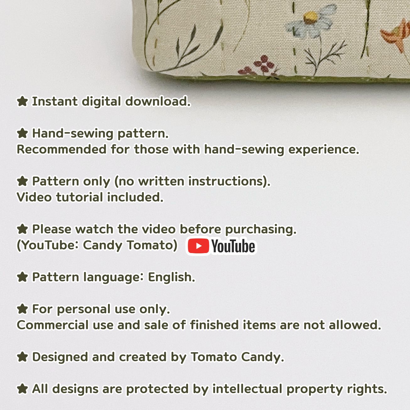 No.276 Rounded Corner Zipper Pouch, PDF Pattern Only, Hand Sewing, No Written Instructions, YouTube Tutorial