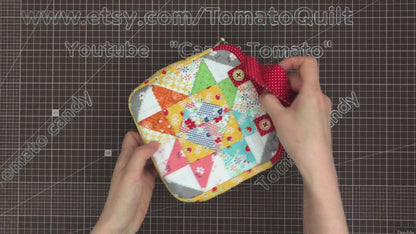 No.135 Triangle patchwork square pouch, Hand Sewing Pattern Only, YouTube Tutorial, No Written Instructions, Instant Download PDF.
